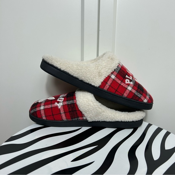 Playboy Plaid Red and Black Slippers with White Fleece Lining - Picture 5 of 8